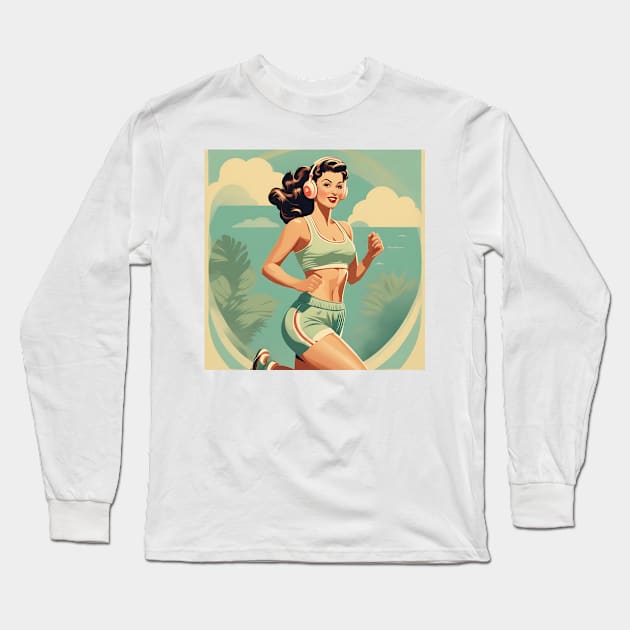 Jogging Beauty Vintage Fitness Lifestyle Pin Up Pace Long Sleeve T-Shirt by di-age7